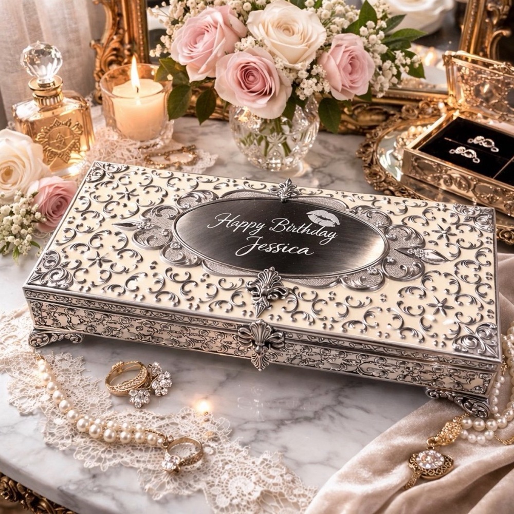 TR Music Jewelry Box Large Silver Tone Cream Enamel Hinged Victorian Chic Gift